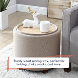 Lawrence Round Linen Storage Ottoman with Table Top Lid - Beige