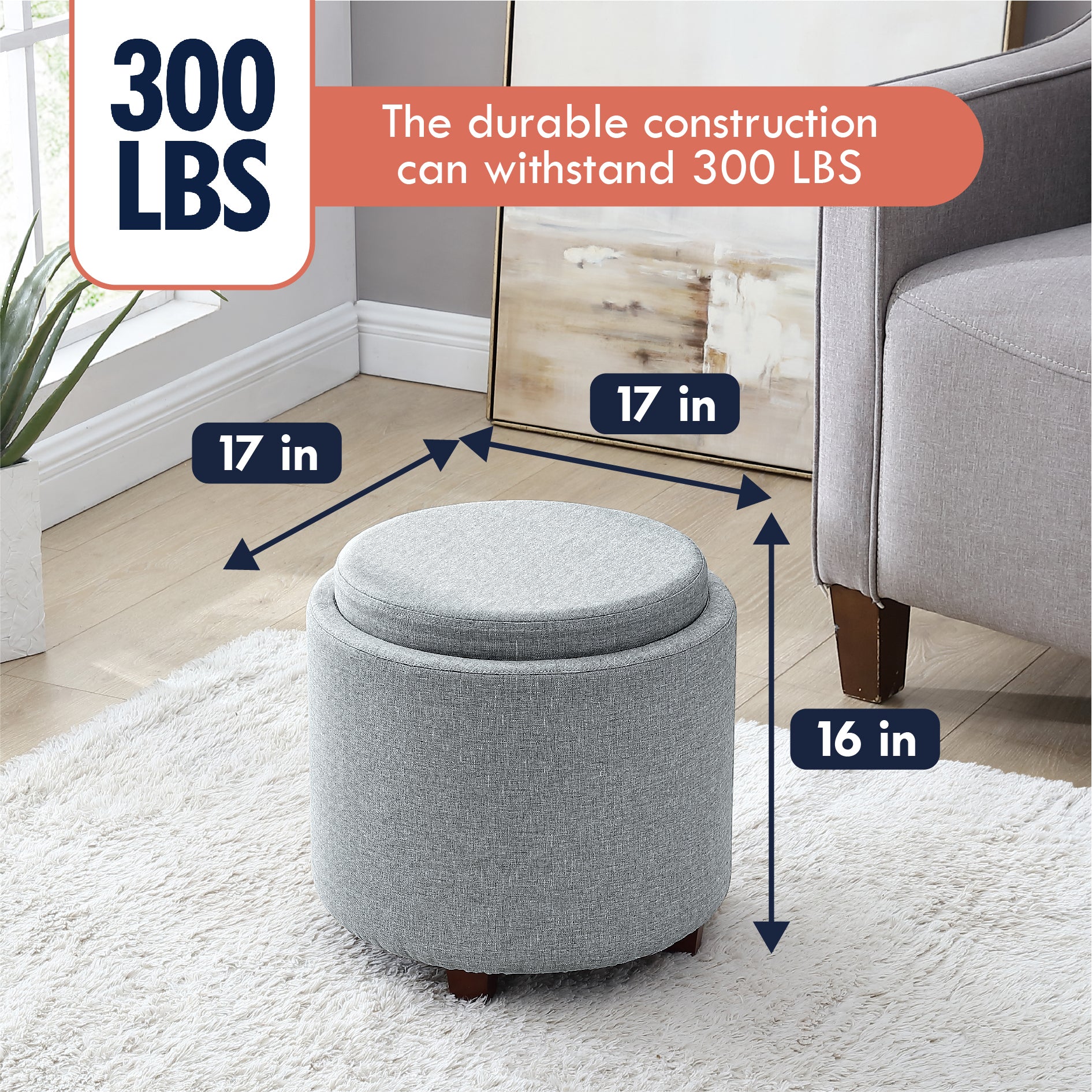Lawrence Round Linen Storage Ottoman with Table Top Lid - Gray