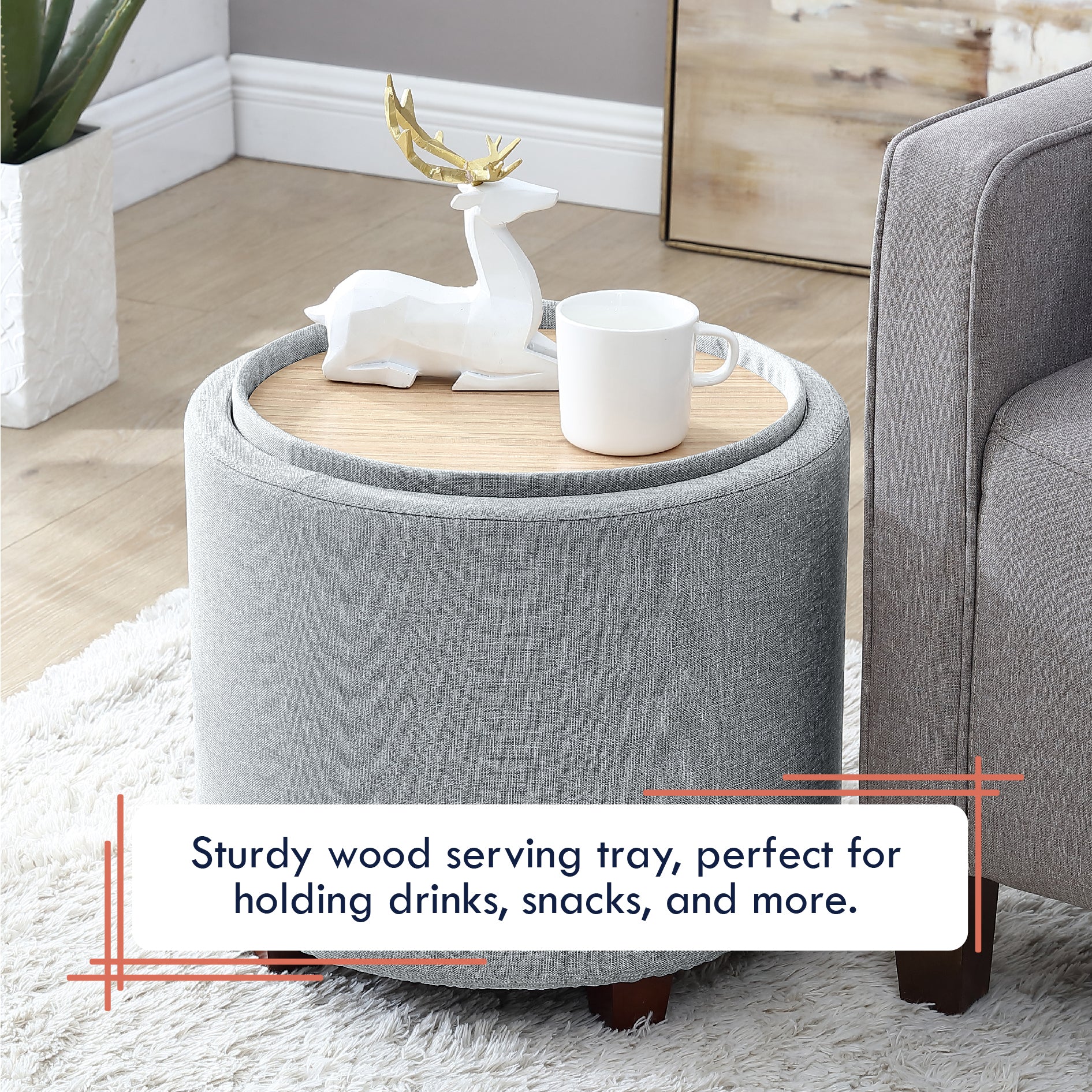 Lawrence Round Linen Storage Ottoman with Table Top Lid - Gray