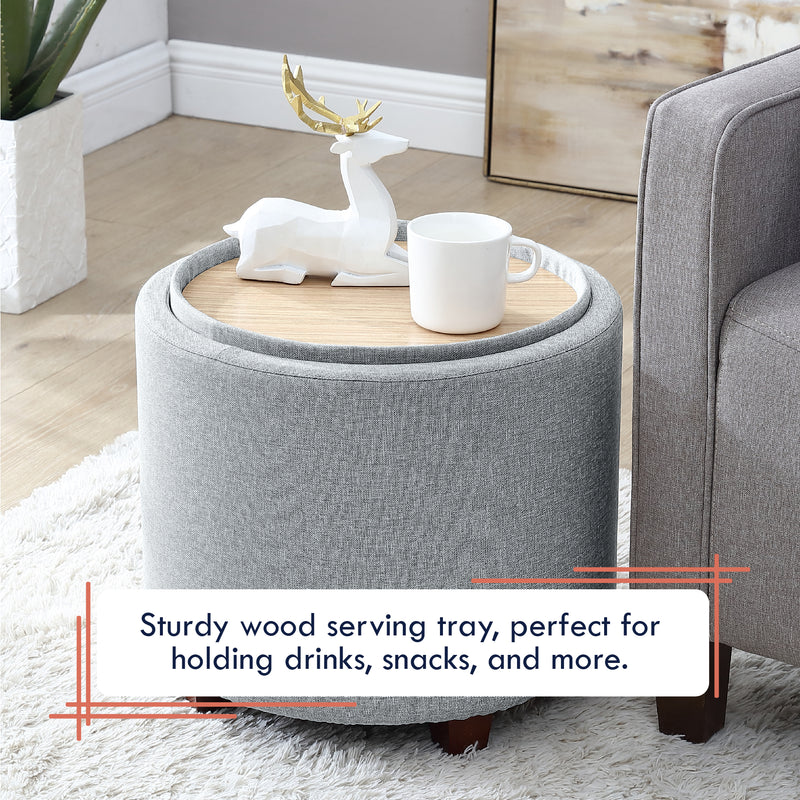 Lawrence Round Linen Storage Ottoman with Table Top Lid - Gray