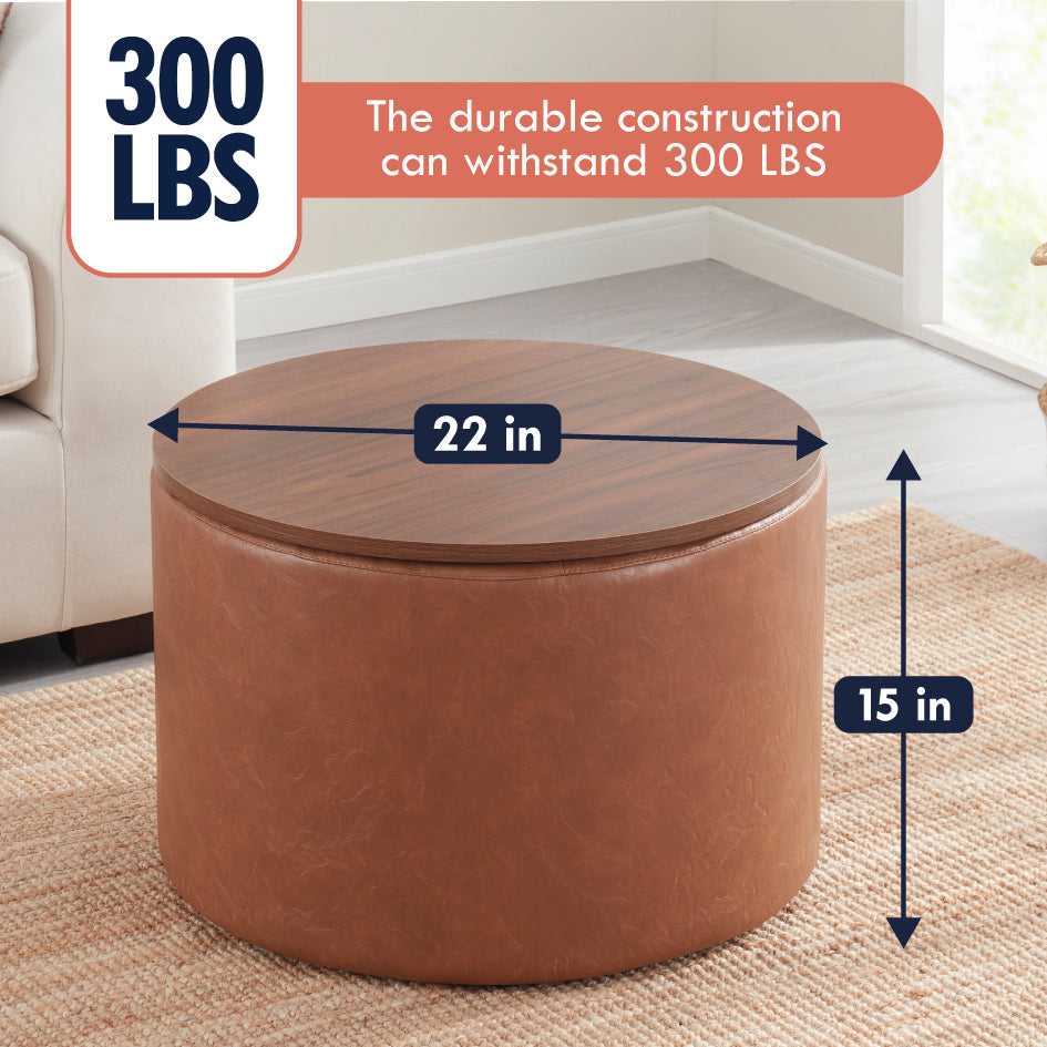 Parker Round Faux Leather Coffee Table Storage Ottoman - Mocha