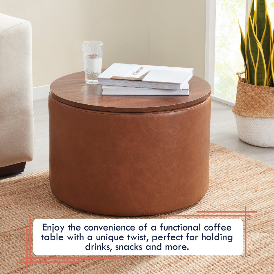 Parker Round Faux Leather Coffee Table Storage Ottoman - Mocha