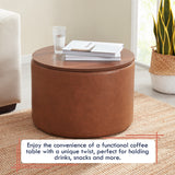 Parker Round Faux Leather Coffee Table Storage Ottoman - Mocha