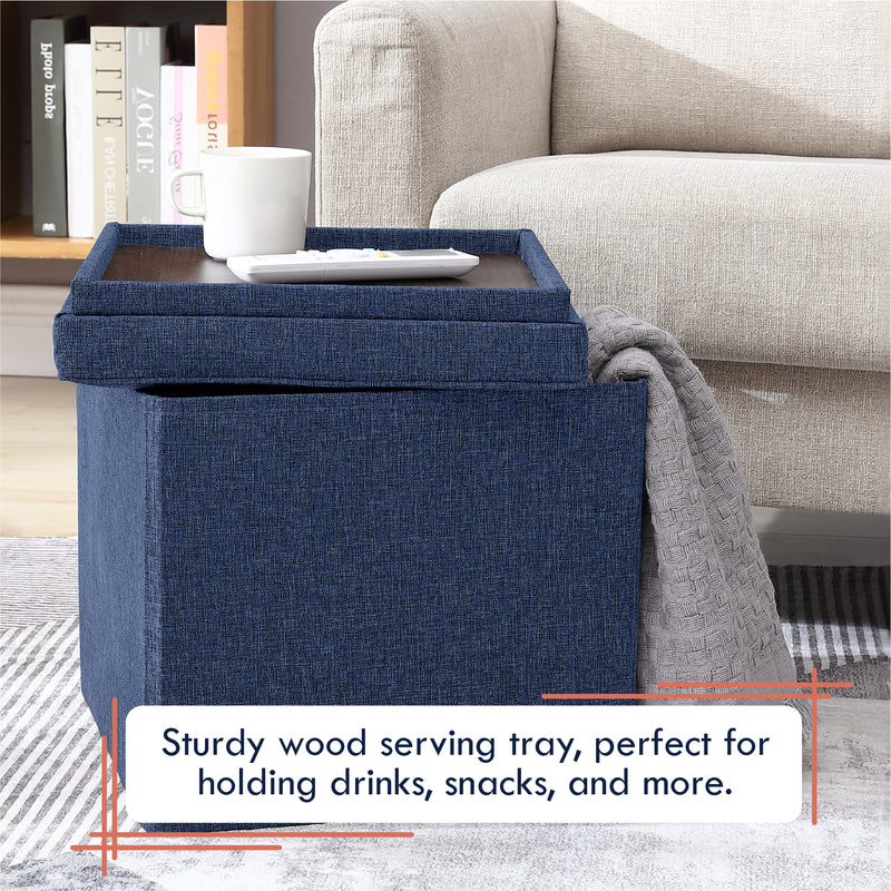Collapsible Tufted Linen Square Coffee Table Storage Ottoman - Navy Blue