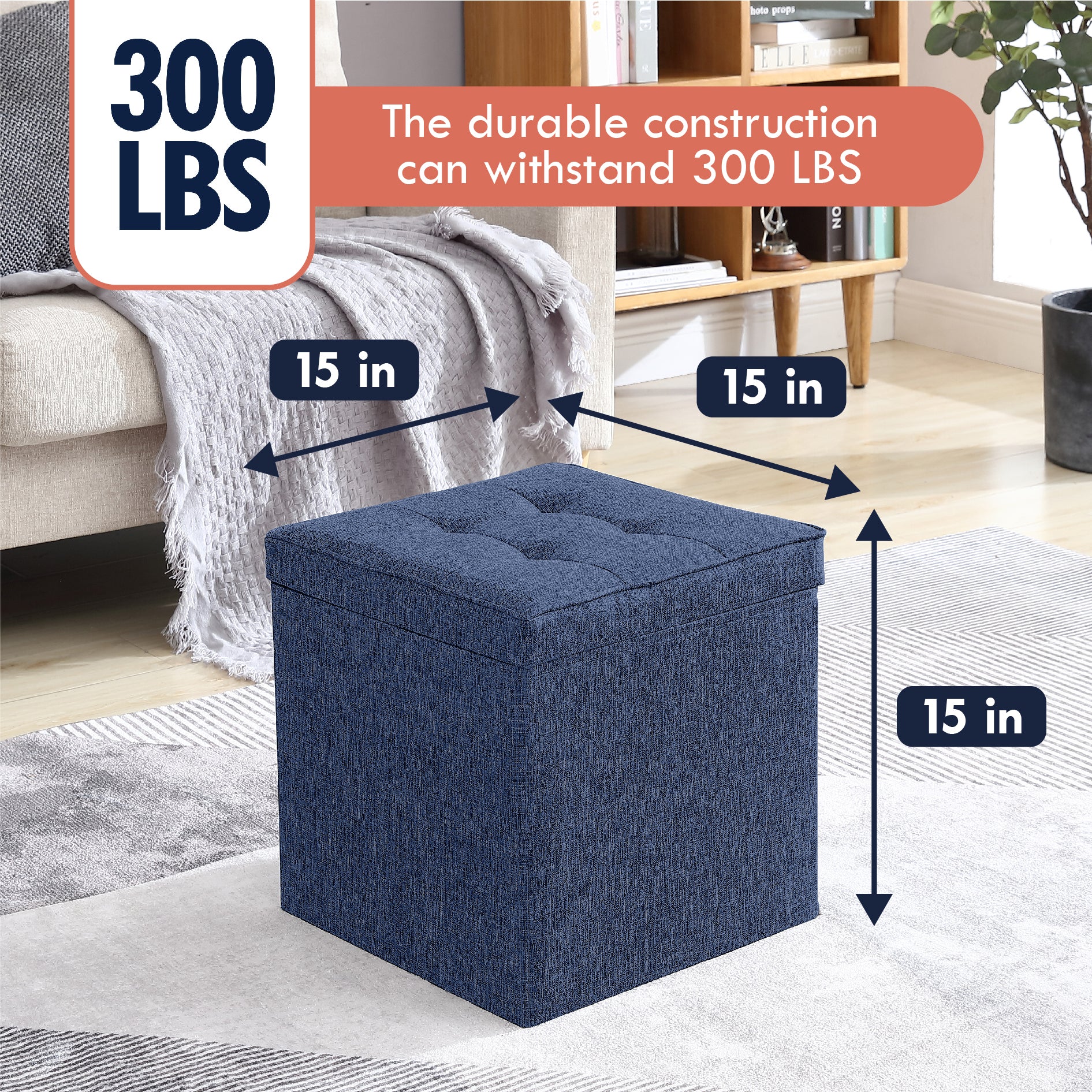 Collapsible Tufted Linen Square Coffee Table Storage Ottoman - Navy Blue