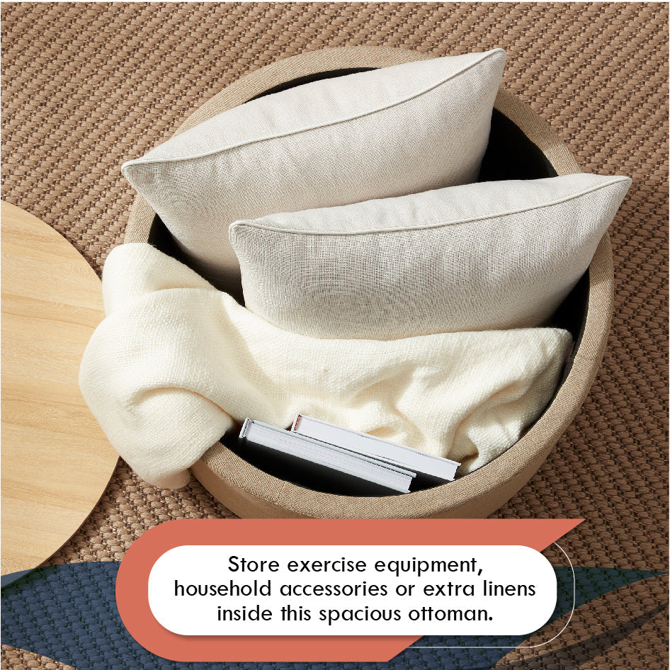Parker Round Linen Coffee Table Storage Ottoman