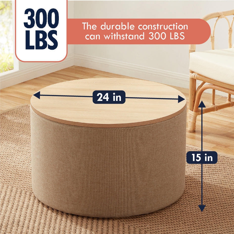 Parker Round Linen Coffee Table Storage Ottoman