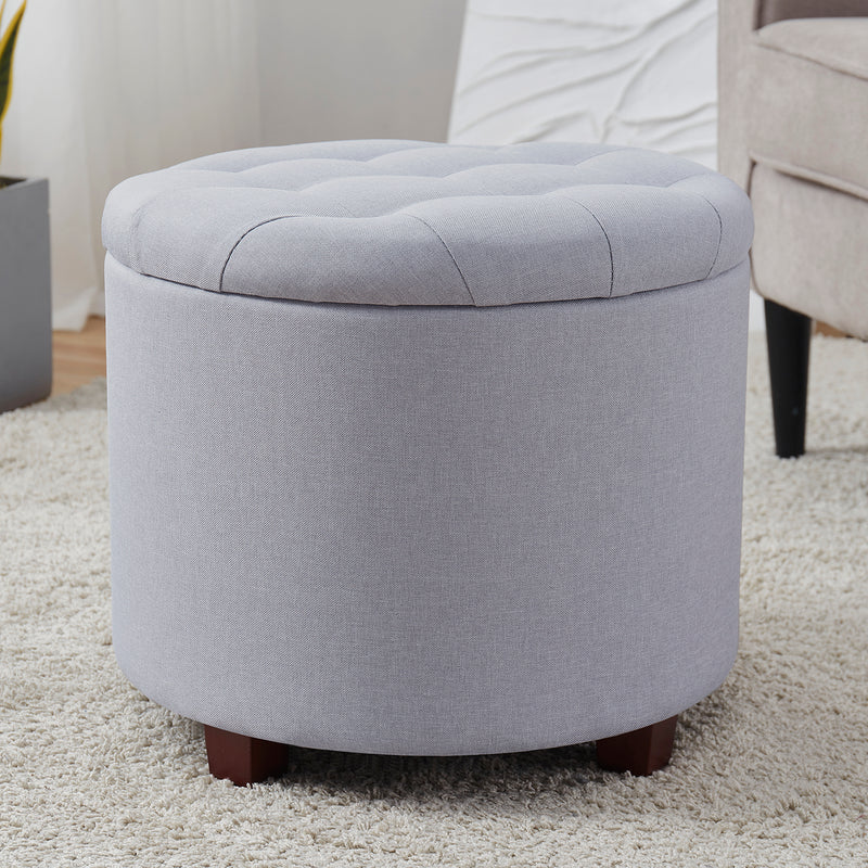 Donovan Round Tufted Linen Storage Ottoman - Gray