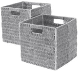 Foldable Paper Wicker Storage Shelf Basket Cube Bin with Handles - White/Gray