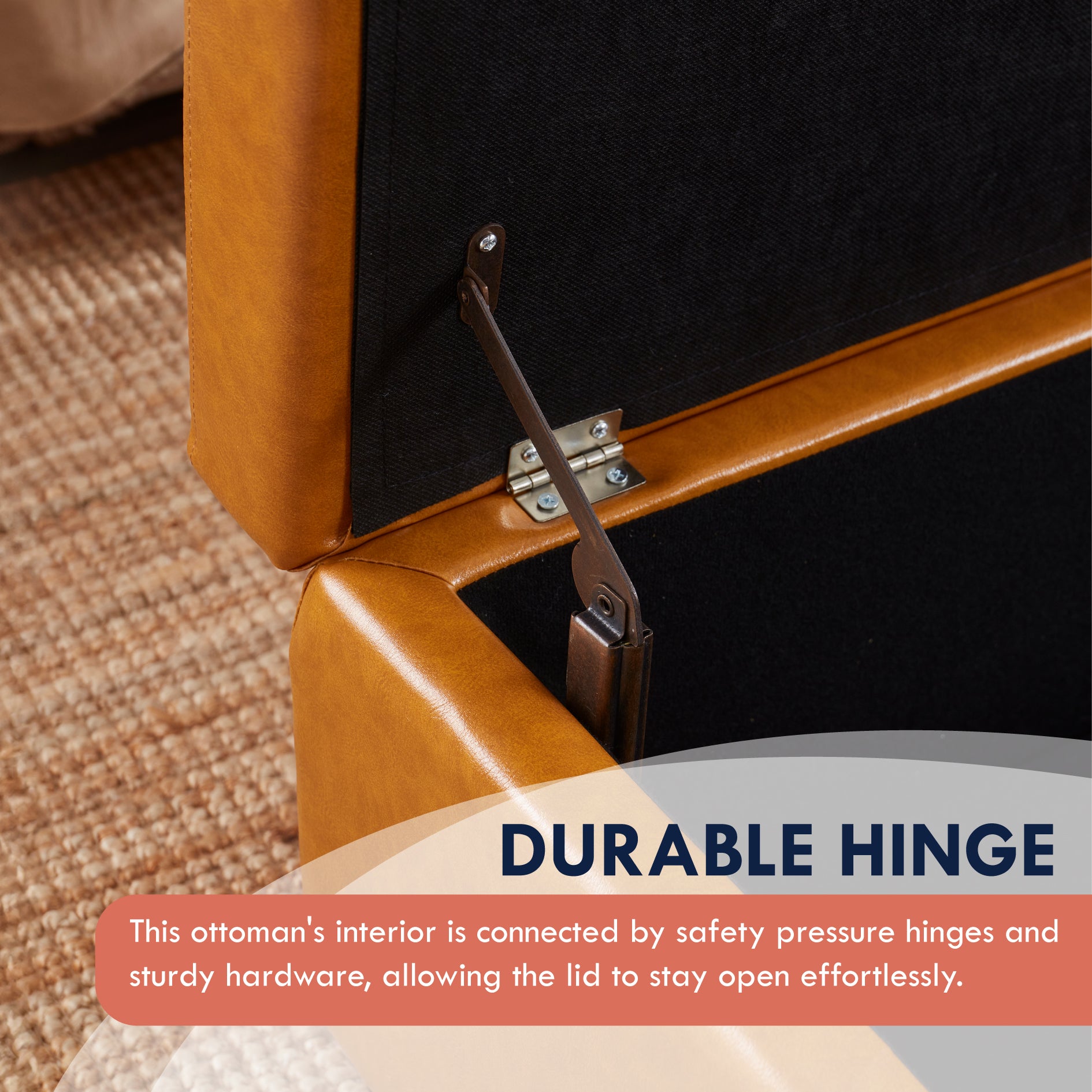 Hamilton Faux Leather Long Bench Storage Ottoman with Easy Lift Hinge Lid - Cognac