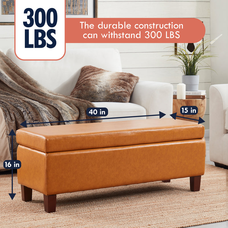Hamilton Faux Leather Long Bench Storage Ottoman with Easy Lift Hinge Lid - Cognac