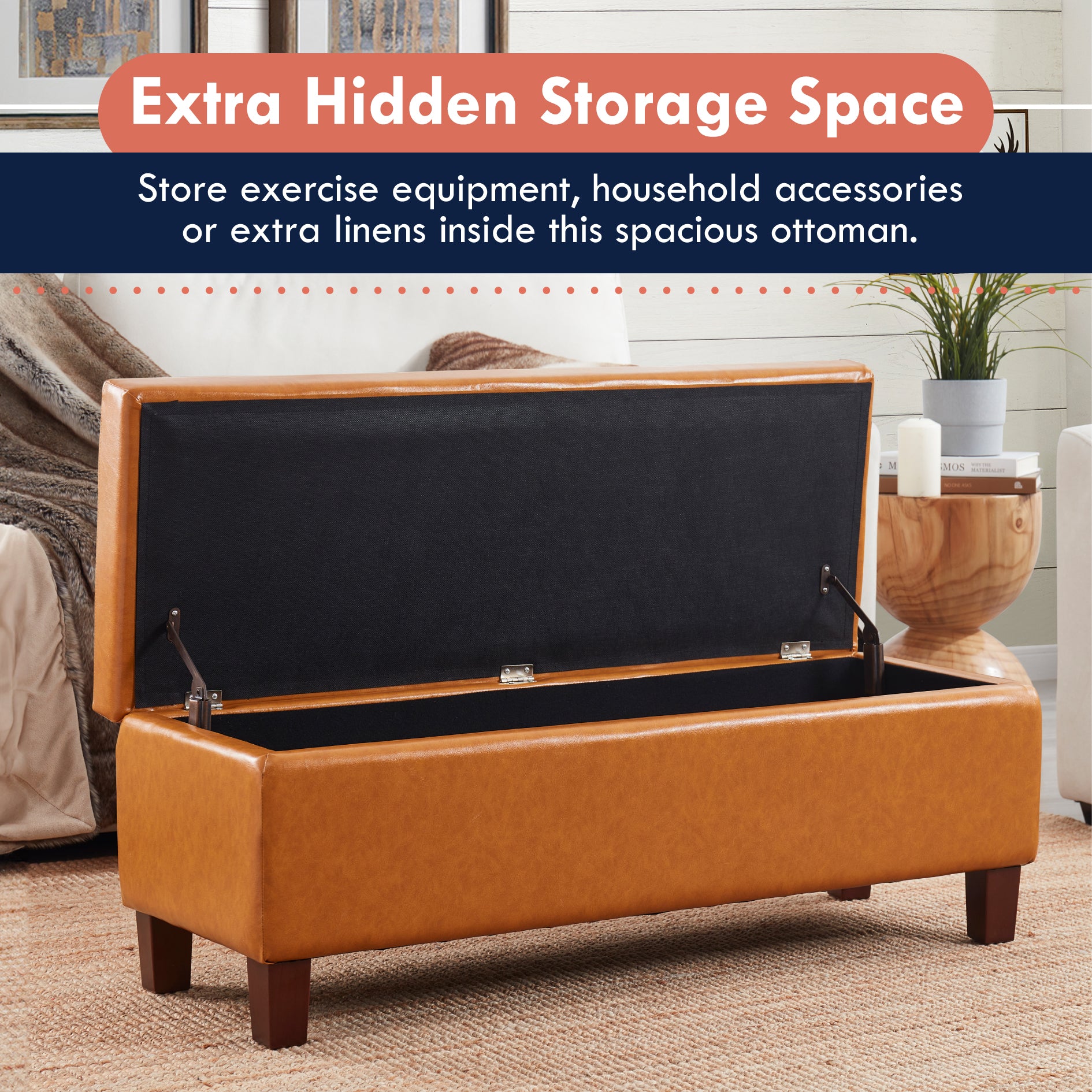 Hamilton Faux Leather Long Bench Storage Ottoman with Easy Lift Hinge Lid - Cognac