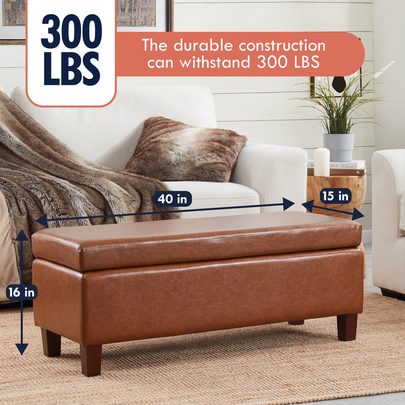 Hamilton Faux Leather Long Bench Storage Ottoman with Easy Lift Hinge Lid - Mocha