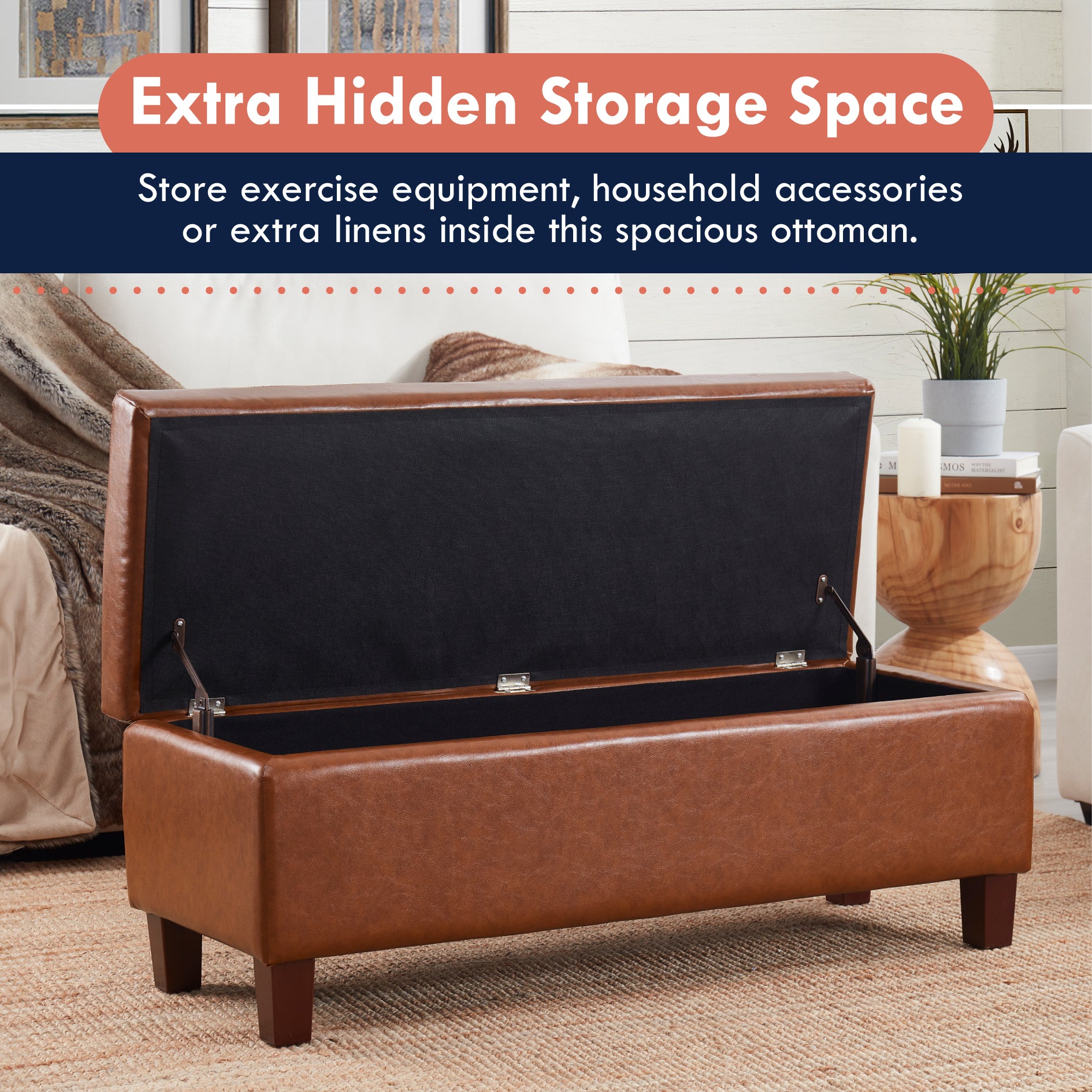 Hamilton Faux Leather Long Bench Storage Ottoman with Easy Lift Hinge Lid - Mocha