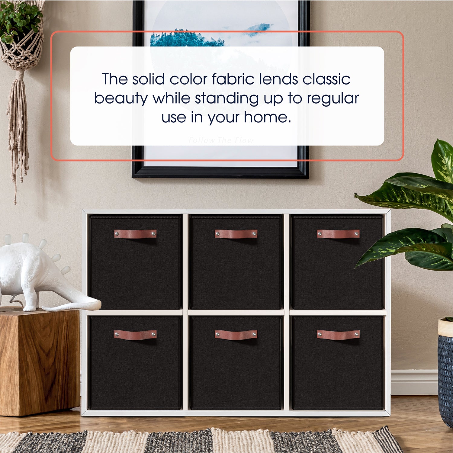 Foldable Linen Kallax Storage Cube Bin with Leather Handles – 13x15x13 Inch - Set of 6 Black