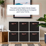 Foldable Linen Kallax Storage Cube Bin with Leather Handles – 13x15x13 Inch - Set of 6 Black