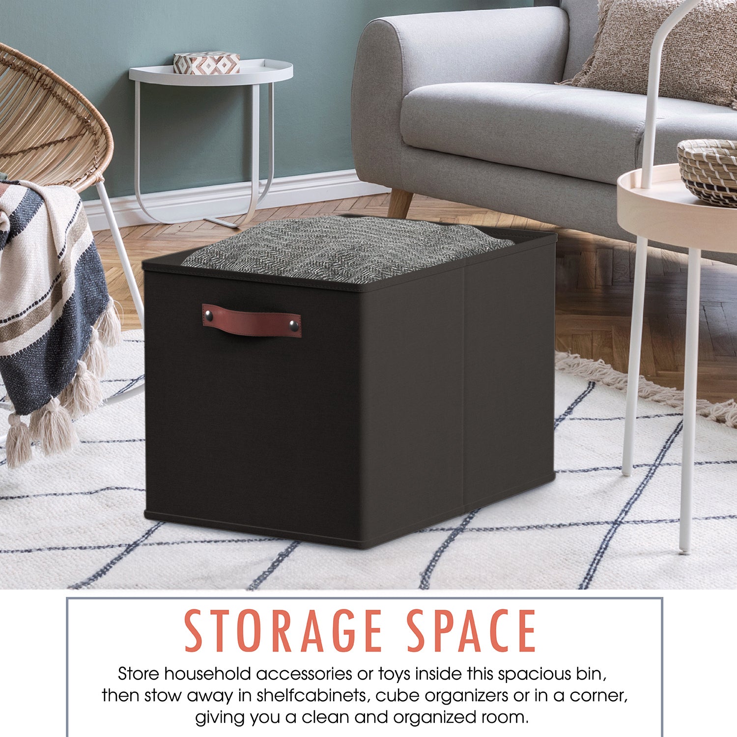 Foldable Linen Kallax Storage Cube Bin with Leather Handles – 13x15x13 Inch - Set of 6 Black