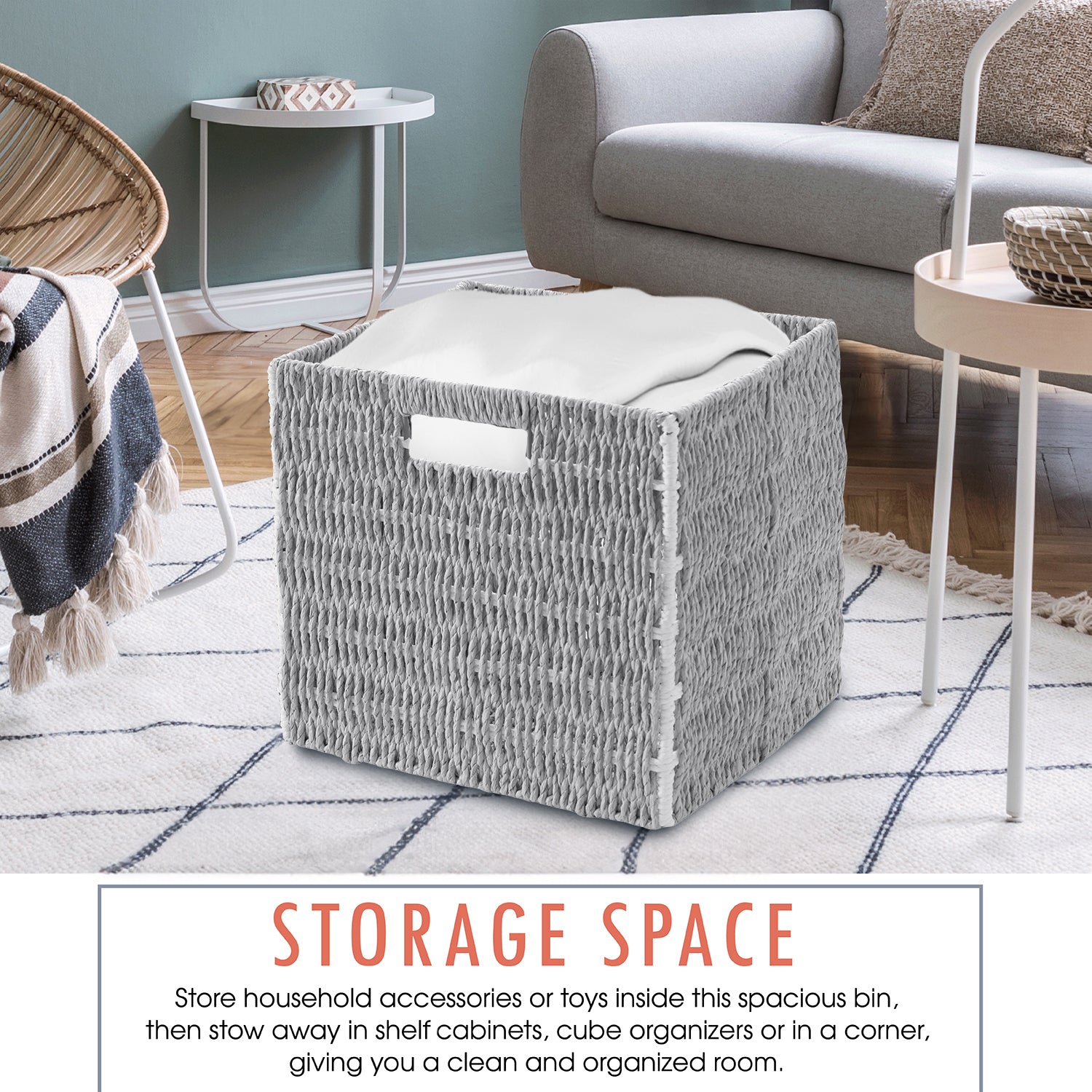 Foldable Paper Wicker Storage Shelf Basket Cube Bin with Handles - White/Gray