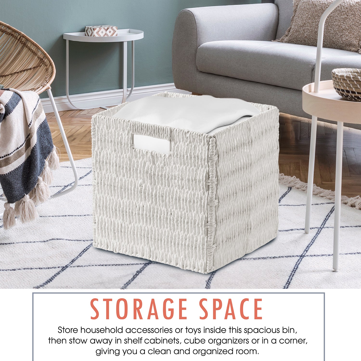 Foldable Paper Wicker Storage Shelf Basket Cube Bin with Handles - White