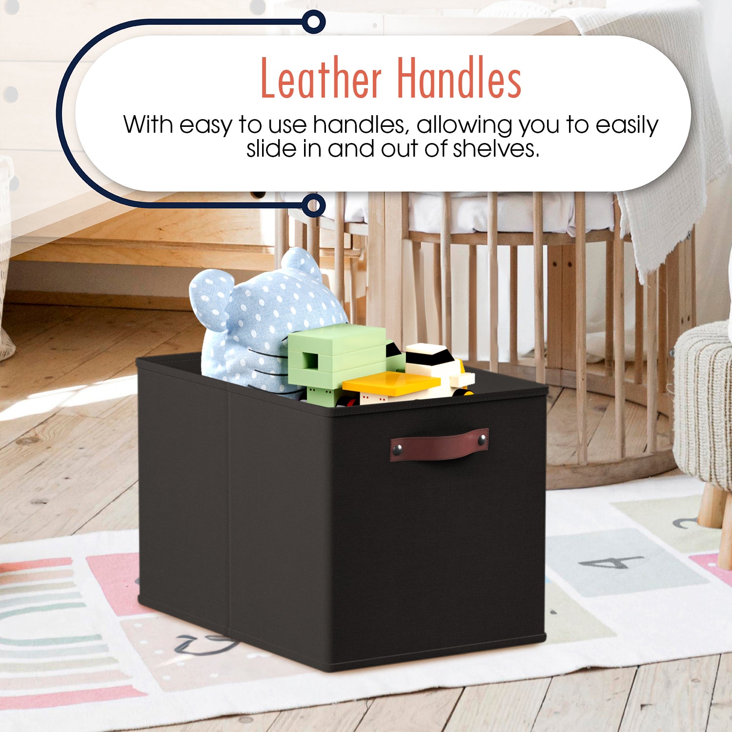 Foldable Linen Kallax Storage Cube Bin with Leather Handles – 13x15x13 Inch - Set of 6 Black