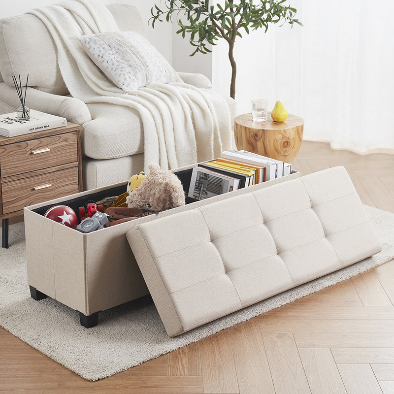 Foldable Tufted 43 Inch Long Linen Bench Storage Ottoman with Legs - Beige