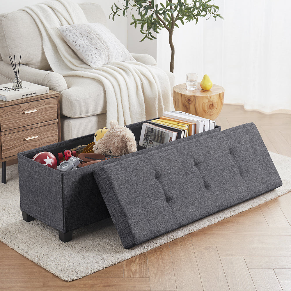 Foldable Tufted 43 Inch Long Linen Bench Storage Ottoman with Legs - Charcoal Gray
