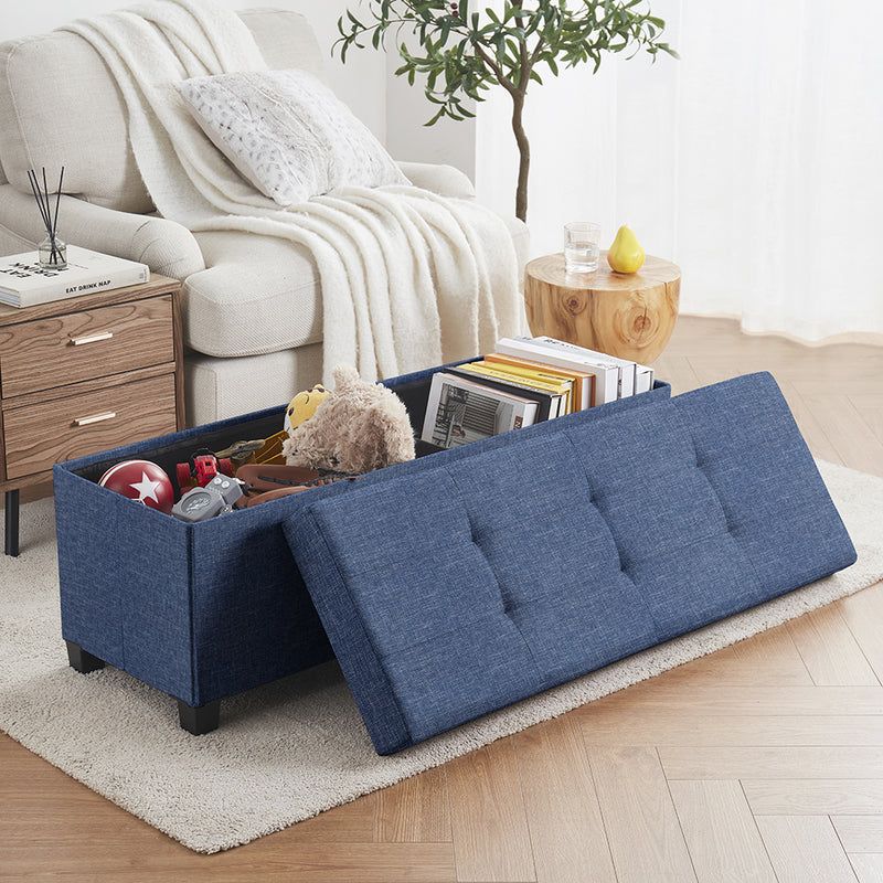 Foldable Tufted 43 Inch Long Linen Bench Storage Ottoman with Legs - Navy