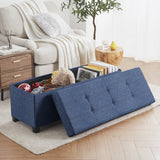 Foldable Tufted 43 Inch Long Linen Bench Storage Ottoman with Legs - Navy