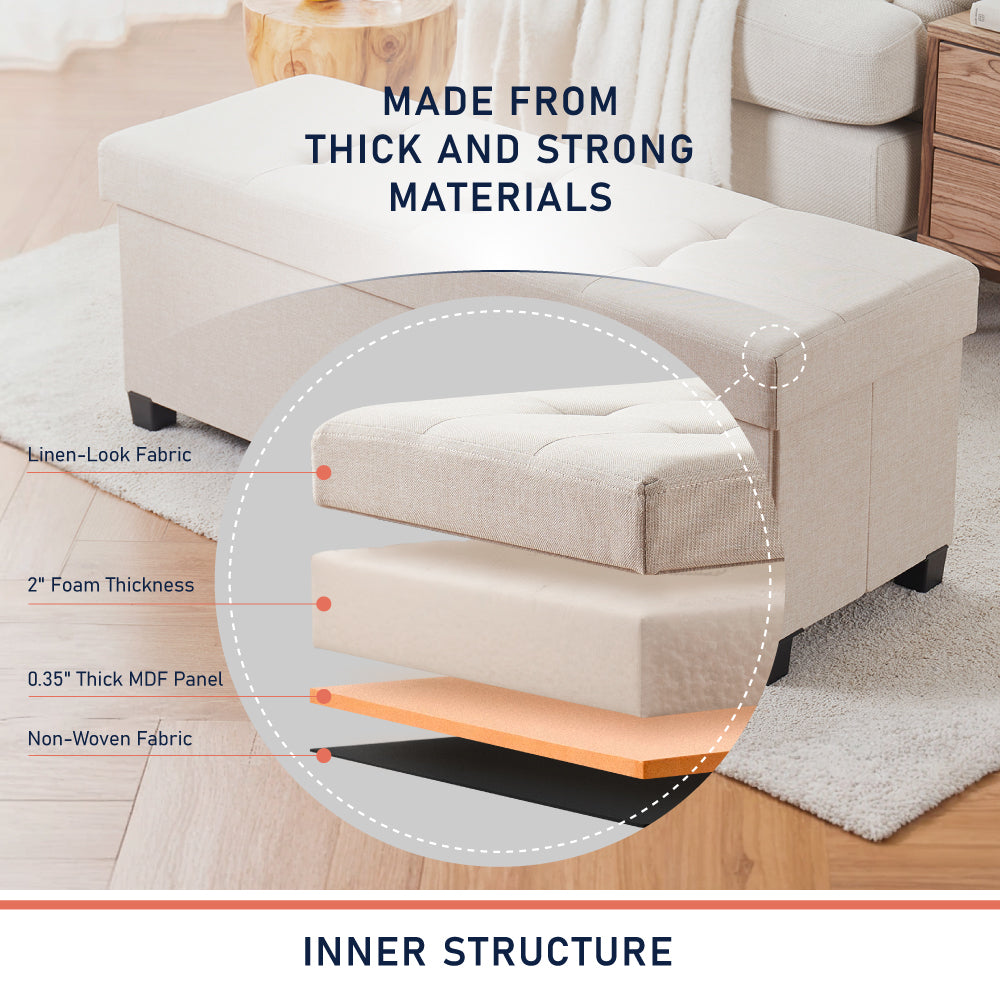 Foldable Tufted 43 Inch Long Linen Bench Storage Ottoman with Legs - Beige