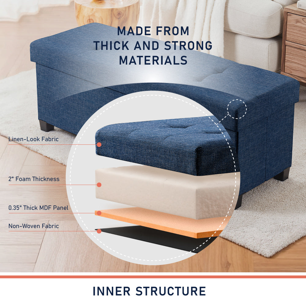 Foldable Tufted 43 Inch Long Linen Bench Storage Ottoman with Legs - Navy