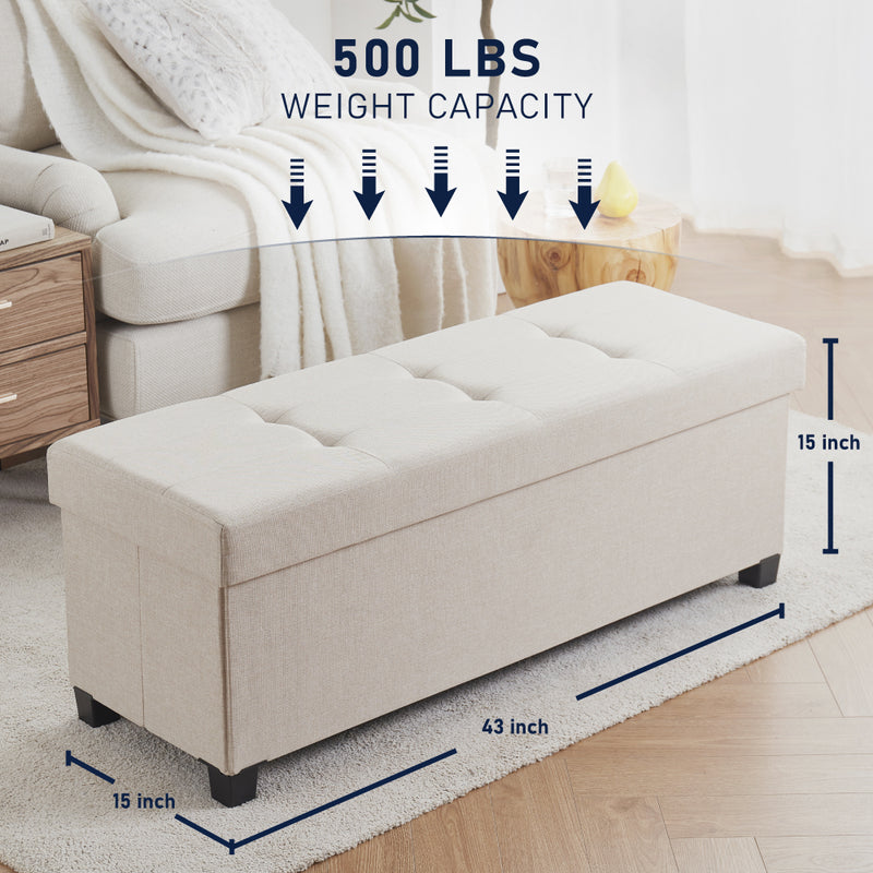 Foldable Tufted 43 Inch Long Linen Bench Storage Ottoman with Legs - Beige