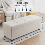 Foldable Tufted 43 Inch Long Linen Bench Storage Ottoman with Legs - Beige