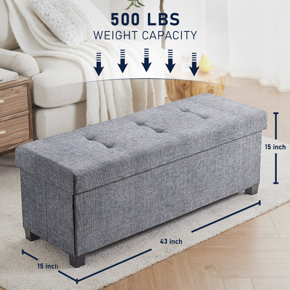 Foldable Tufted 43 Inch Long Linen Bench Storage Ottoman with Legs - Gray