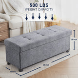 Foldable Tufted 43 Inch Long Linen Bench Storage Ottoman with Legs - Gray
