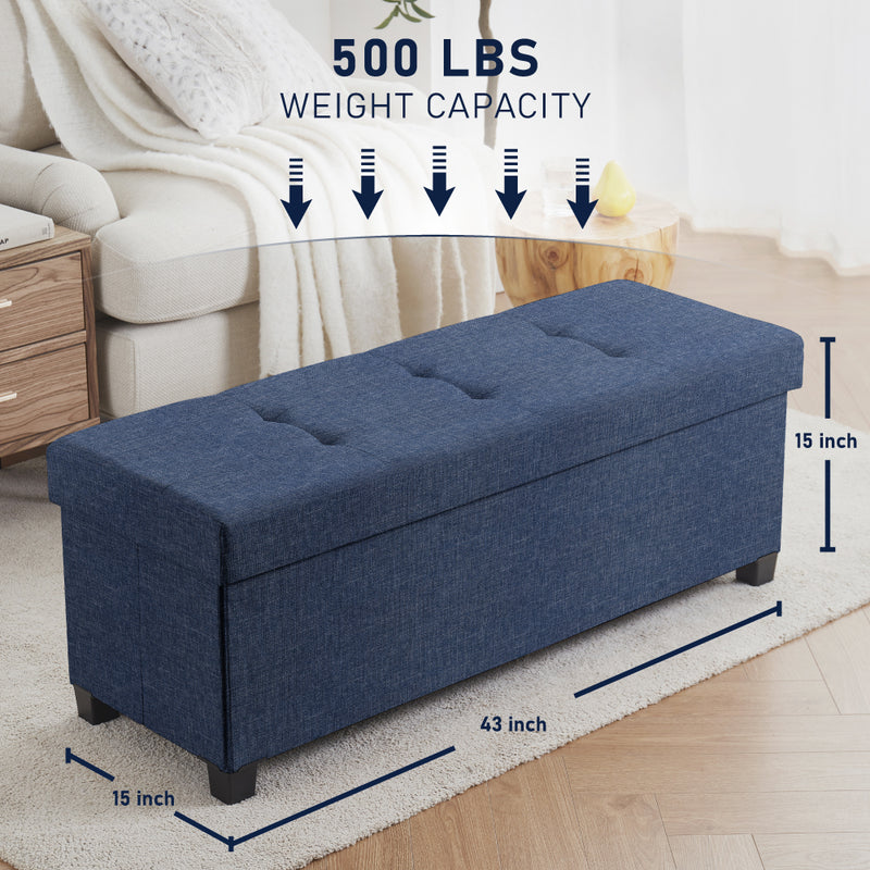 Foldable Tufted 43 Inch Long Linen Bench Storage Ottoman with Legs - Navy