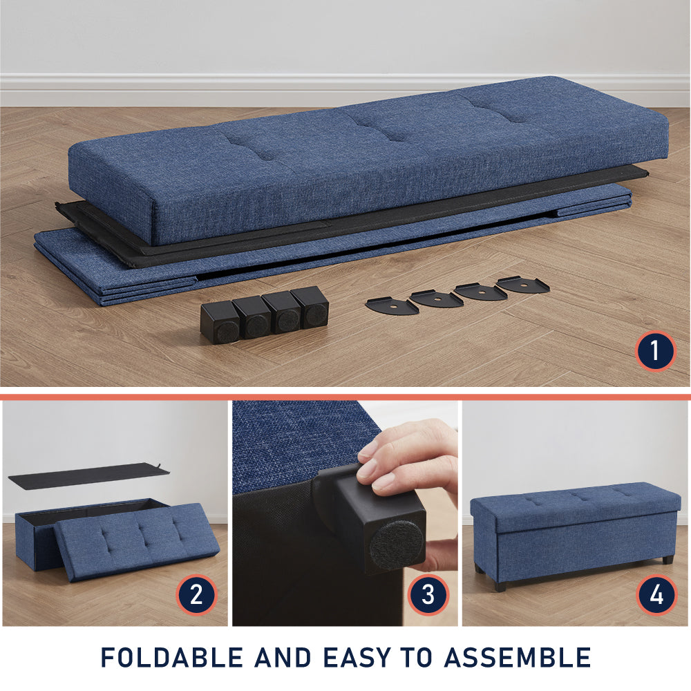 Foldable Tufted 43 Inch Long Linen Bench Storage Ottoman with Legs - Navy