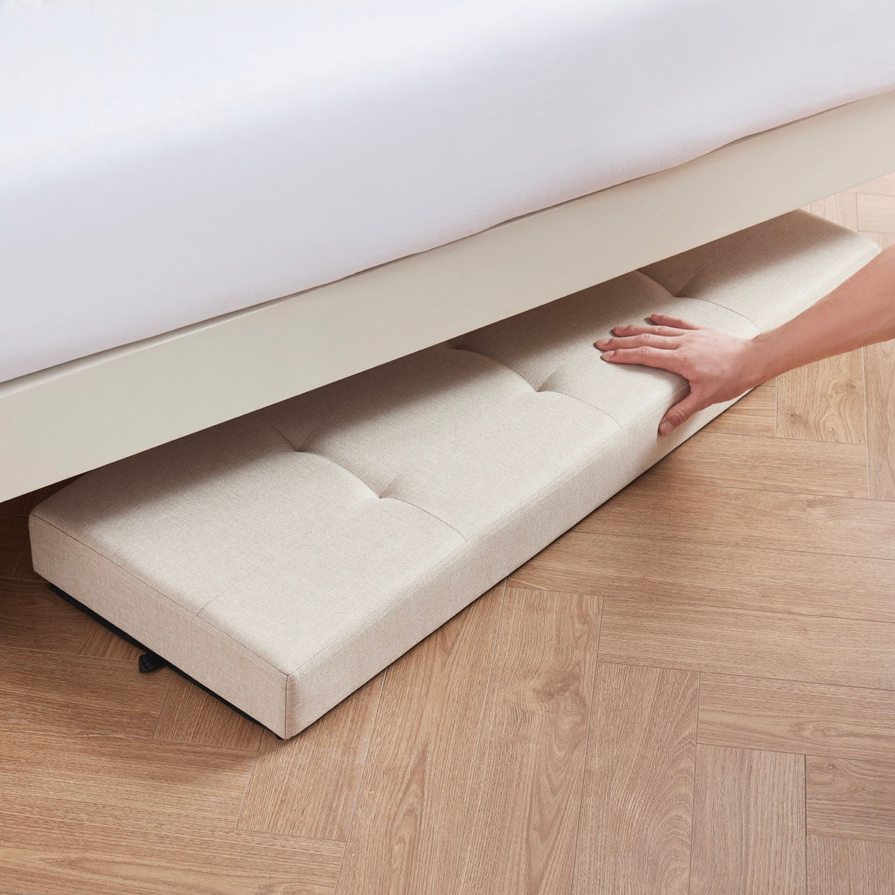 Foldable Tufted 43 Inch Long Linen Bench Storage Ottoman with Legs - Beige
