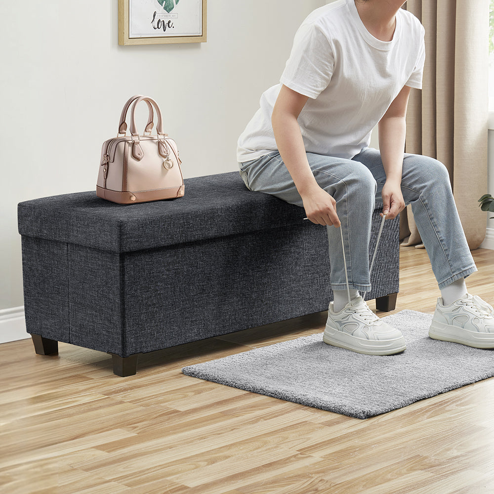 Foldable Tufted 43 Inch Long Linen Bench Storage Ottoman with Legs - Black