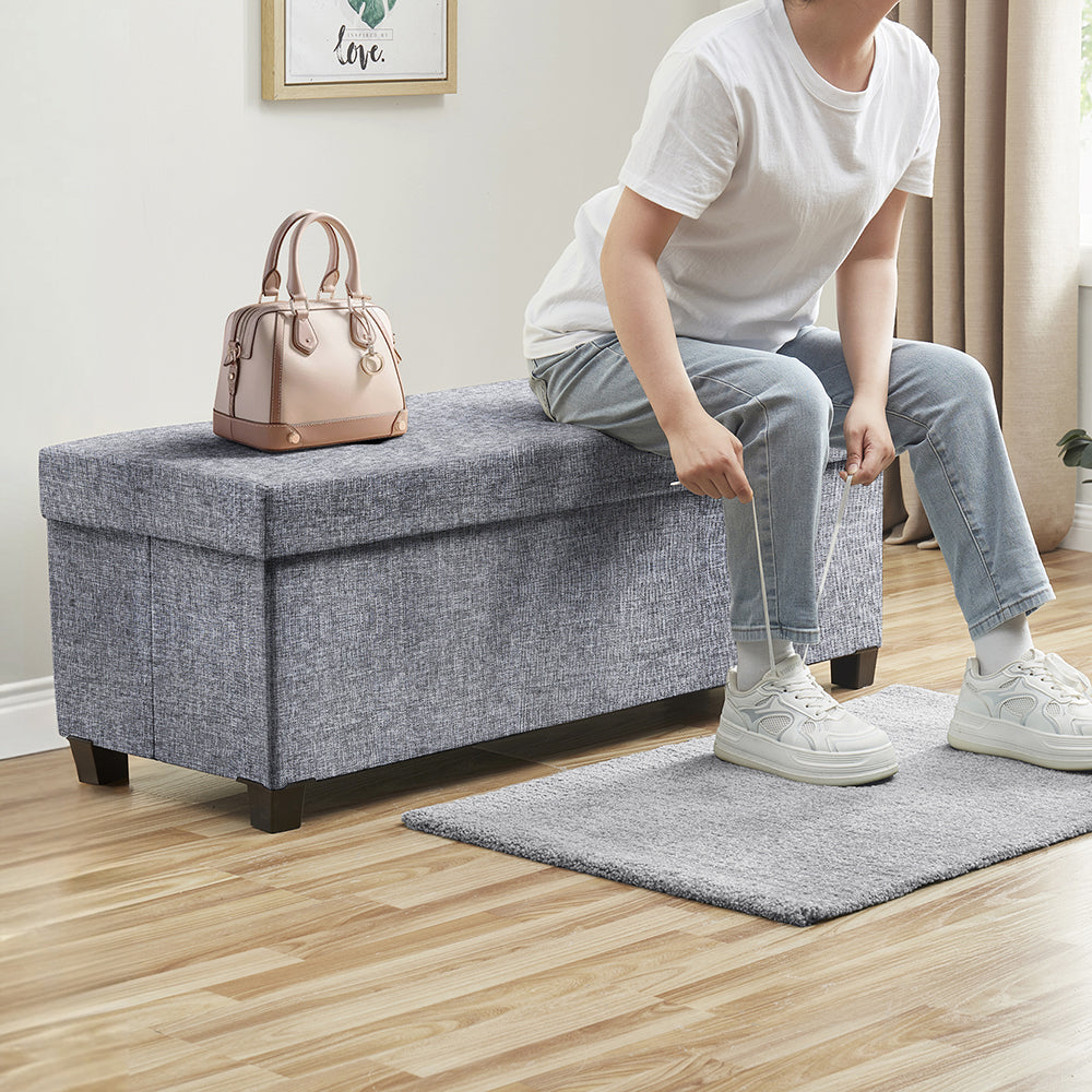 Foldable Tufted 43 Inch Long Linen Bench Storage Ottoman with Legs - Gray