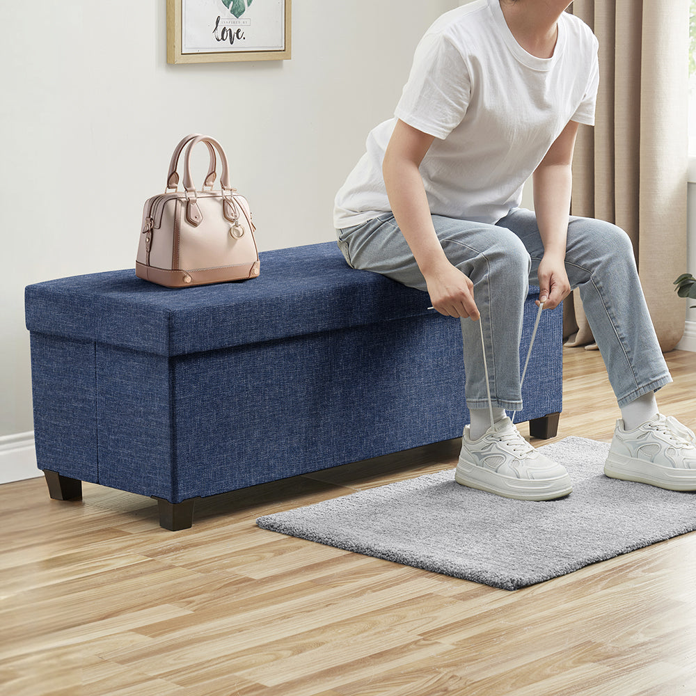 Foldable Tufted 43 Inch Long Linen Bench Storage Ottoman with Legs - Navy