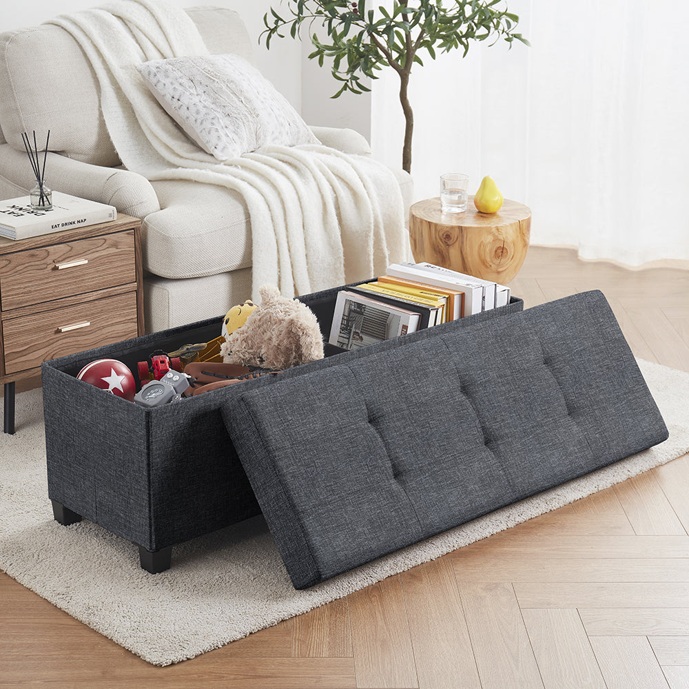 Foldable Tufted 43 Inch Long Linen Bench Storage Ottoman with Legs - Black
