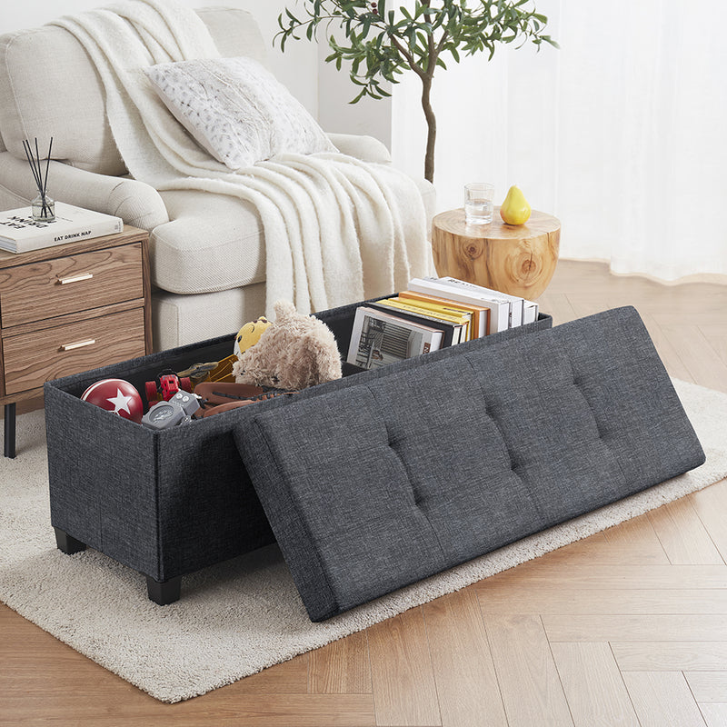 Foldable Tufted 43 Inch Long Linen Bench Storage Ottoman with Legs - Black