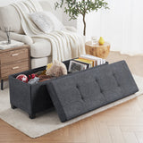Foldable Tufted 43 Inch Long Linen Bench Storage Ottoman with Legs - Black