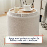 Lawrence Round Boucle White Storage Ottoman with Table Top Lid