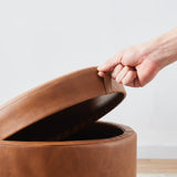 Lawrence Round Faux Leather Storage Ottoman with Table Top Lid - Cognac