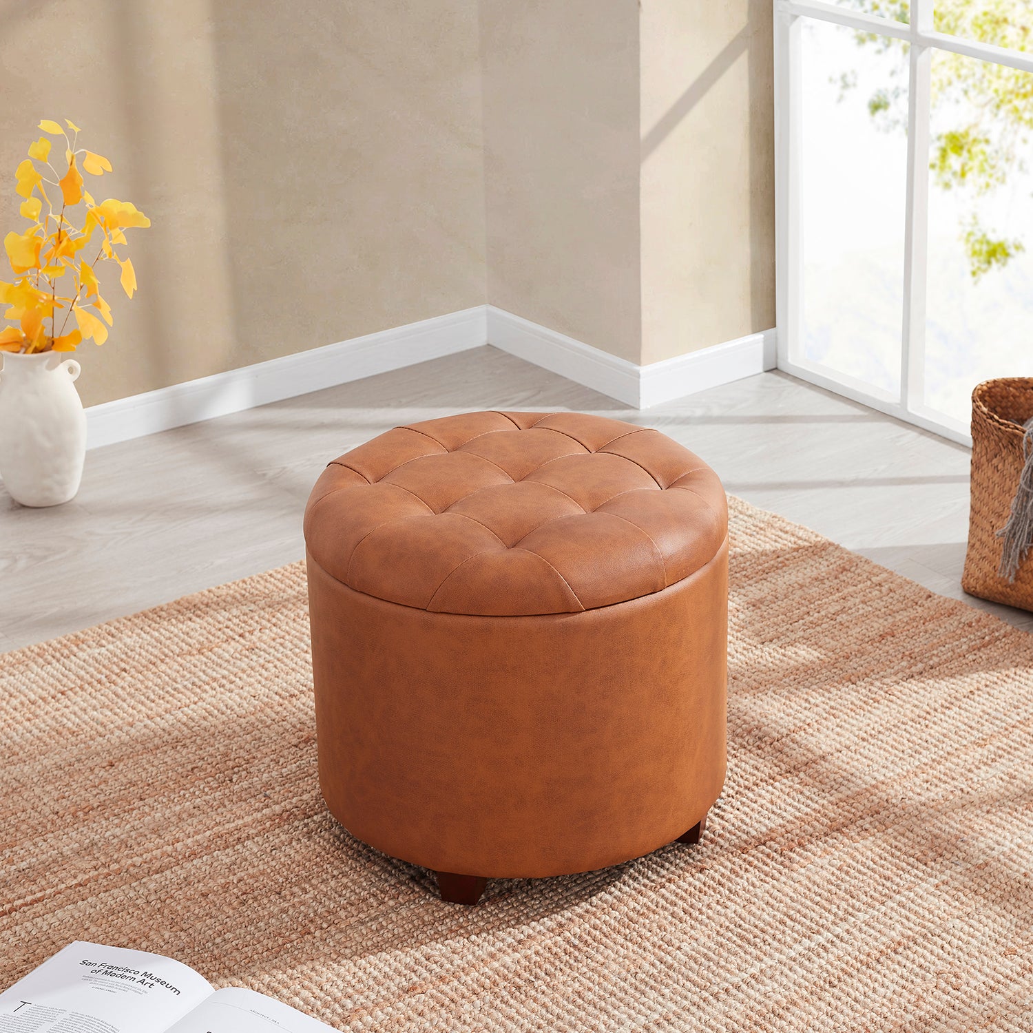 Donovan Round Tufted Faux Leather Storage Ottoman - Cognac