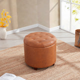Donovan Round Tufted Faux Leather Storage Ottoman - Cognac