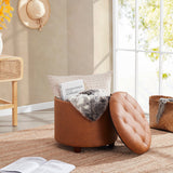 Donovan Round Tufted Faux Leather Storage Ottoman - Cognac