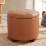Donovan Round Tufted Faux Leather Storage Ottoman - Cognac