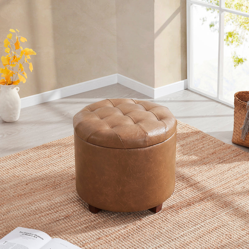 Donovan Round Tufted Faux Leather Storage Ottoman - Mocha
